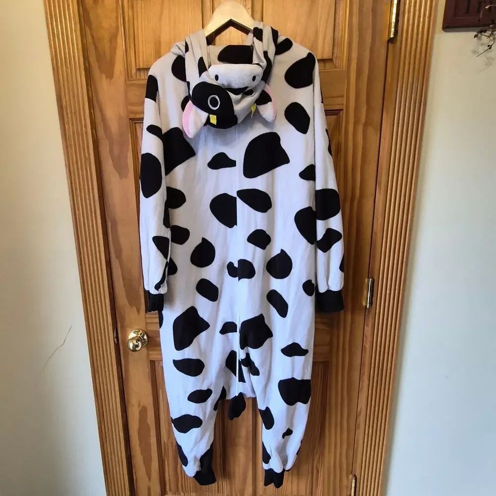 Funziez Halloween Costume cozy cow onesie playful black-white spotted adult MED